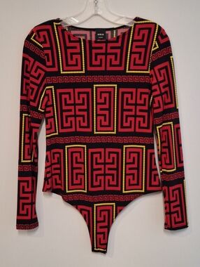 Mesh Aria Red, Black & Yellow Geometric Long-Sleeve Bodysuit Size L Versace Look